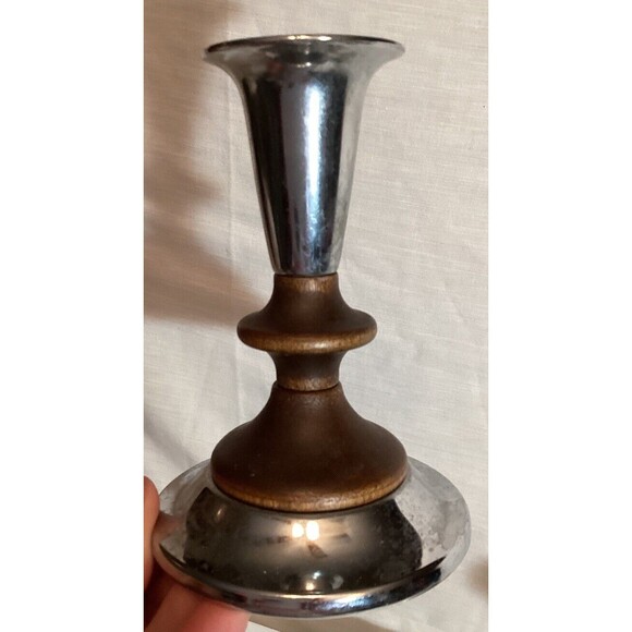 Kromex Teakwood & Metal Taper Candlestick Holders 4.5" MCM USA Vintage - Picture 4 of 14